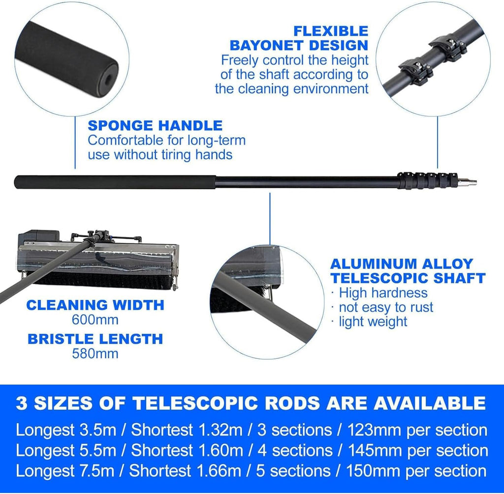 Electric Solar Panel Cleaning Tools, 60cm Roller Brush Head, Solar Photovoltaic Panel Cleaning Machine, Water Fed Pole Cleaning Kit,5.5M