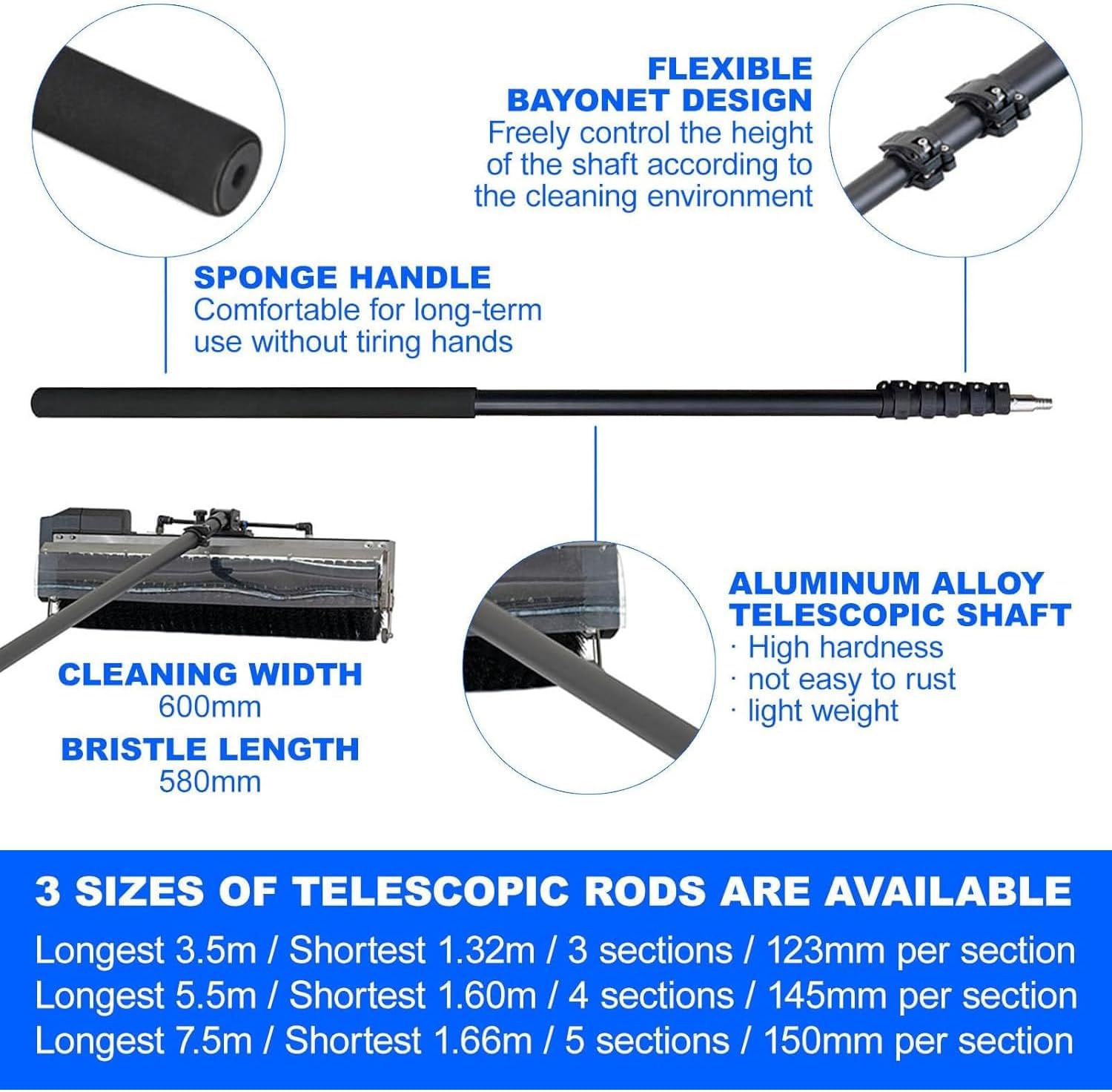 Electric Solar Panel Cleaning Tools, 60cm Roller Brush Head, Solar Photovoltaic Panel Cleaning Machine, Water Fed Pole Cleaning Kit,3.5M