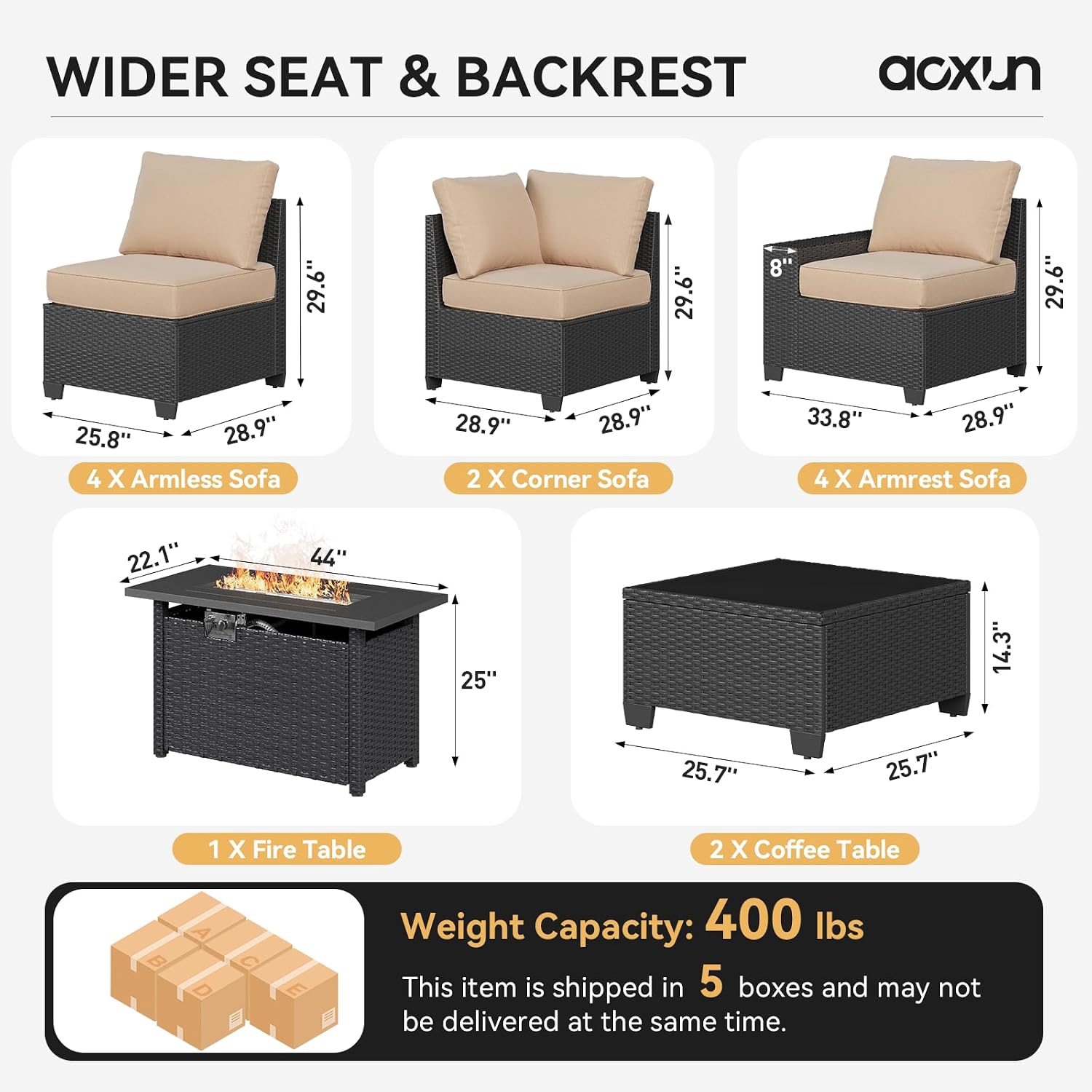 Aoxun Patio Furniture Sets with 44'' Fire Pit, 13 Pcs Outdoor Patio Coversation Set with 4in Thicken Cushion, Widen Armrests Wicker Outdoor Sectional for Backyard (Waterproof Cover Include)