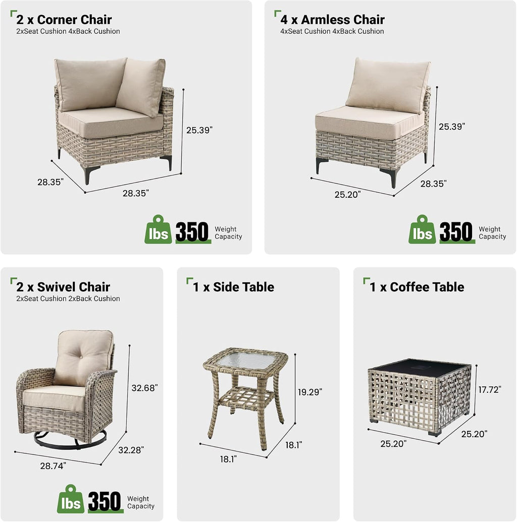 10 Piece Outdoor Patio Furniture with Swivel Rocking Chair, Rattan Wicker Conversation Set with Glowing Coffee Table, Sectional Single Chairs for Porch Balcony Backyard Pool,Beige