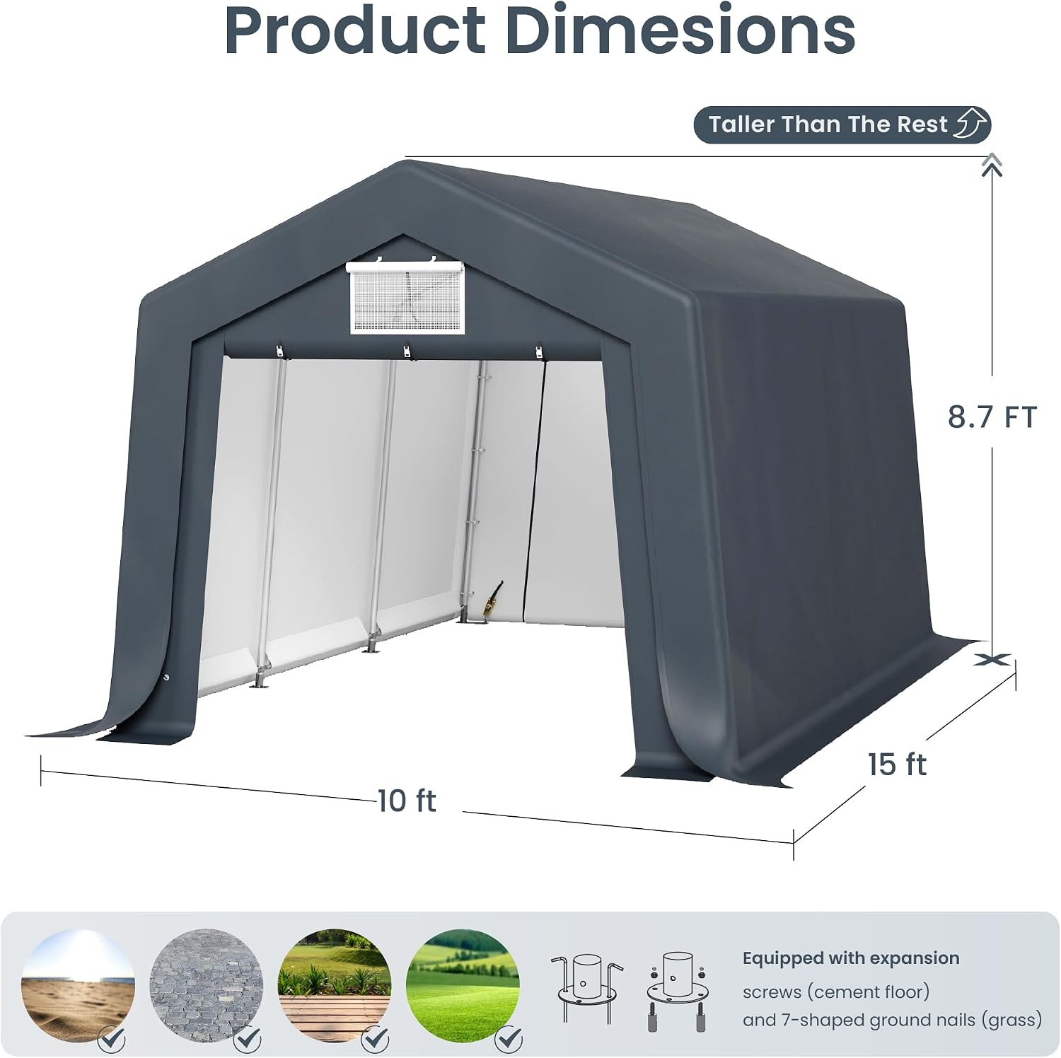 PHI VILLA 10X15ft Carport, Portable Carports Outdoor Storage Shelter Shed Garage Canopy with Roll up Zipper Doors & Vents Waterproof UV Resistant Garages Tent for Cars,Boats,Tools, Motorcycle, Gray
