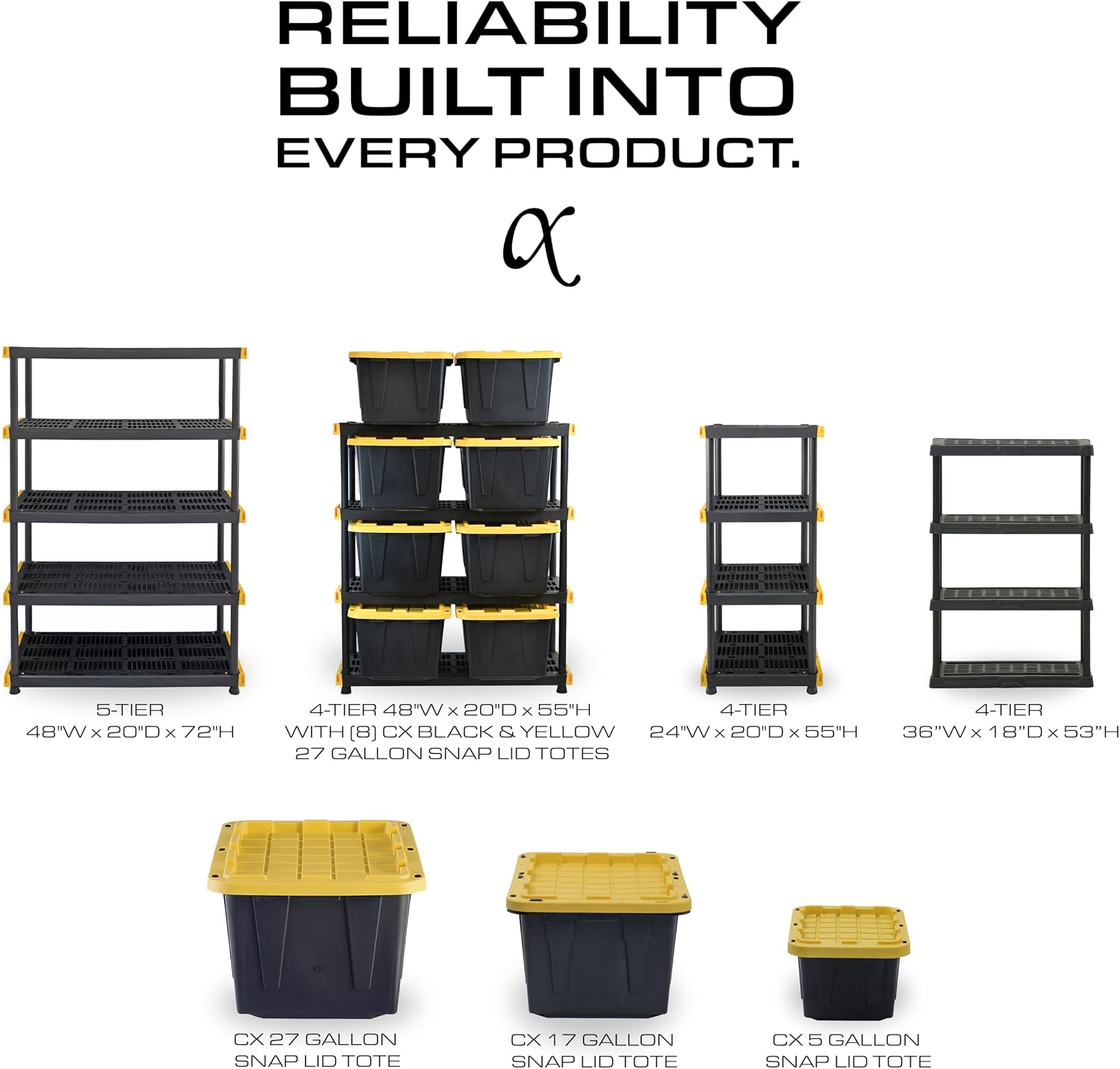CX Black & Yellow, 4-Tier Heavy Duty Plastic Storage Shelves that Support up to 200lbs/shelf, Organization and Storage, Weather-Resistant Design, Easy Assembly (55'H x 48'W x 20'D)