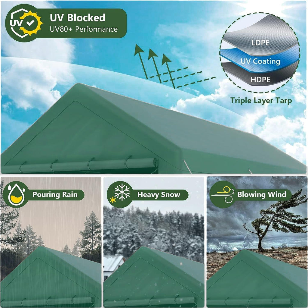 Carport 10x20 Ft Heavy Duty Canopy Steel Canopy Storage Shed,Portable Party Tent,Portable Garage with Removable Sidewalls & Doors All-Season Tarp for Carport Floor Fixing (Green)