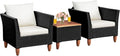 COSTWAY 3 Pieces Patio Rattan Furniture Set, Outdoor Wicker Conversation Chairs Set with Acacia Wood Coffee Table & Washable Cushion, Porch Furniture Bistro Set for Balcony, Garden, Backyard, White