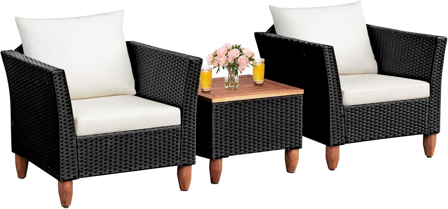 COSTWAY 3 Pieces Patio Rattan Furniture Set, Outdoor Wicker Conversation Chairs Set with Acacia Wood Coffee Table & Washable Cushion, Porch Furniture Bistro Set for Balcony, Garden, Backyard, White