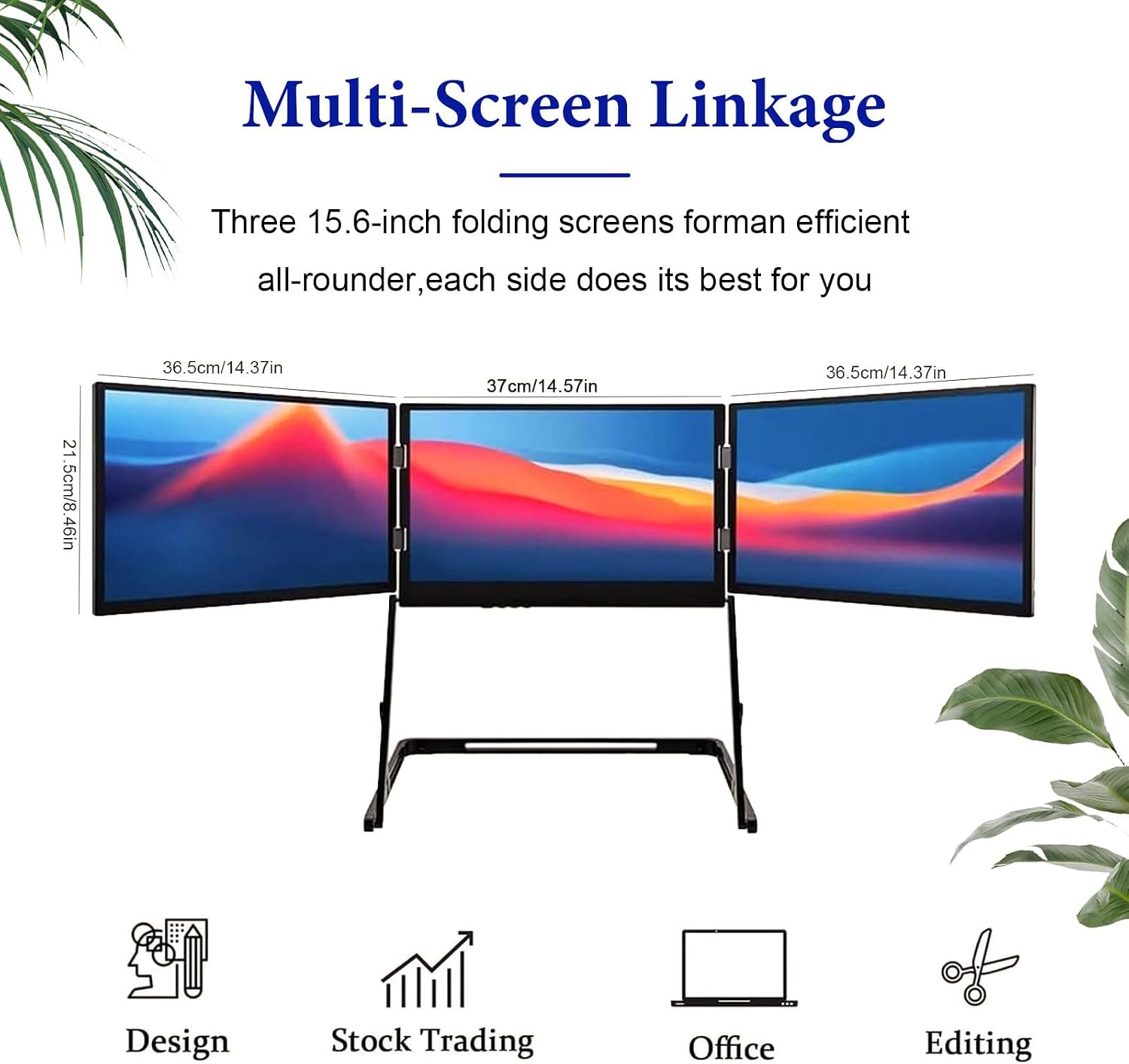 15.6' Portable Triple Monitor for Laptop, Full HD IPS Screen Extender, Play USB-C HDMI Multi-Screen Display for Windows, MacBook, Designers