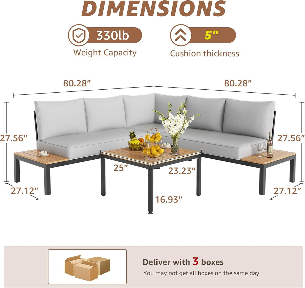 NATURAL EXPRESSIONS Patio Furniture Sets, L Shape Patio Sectional Metal Outdoor Sectional Corner Sofa Outdoor Couch with Detachable Backrest,3 Fauxwood Tables,5' Grey Olefin Cushions
