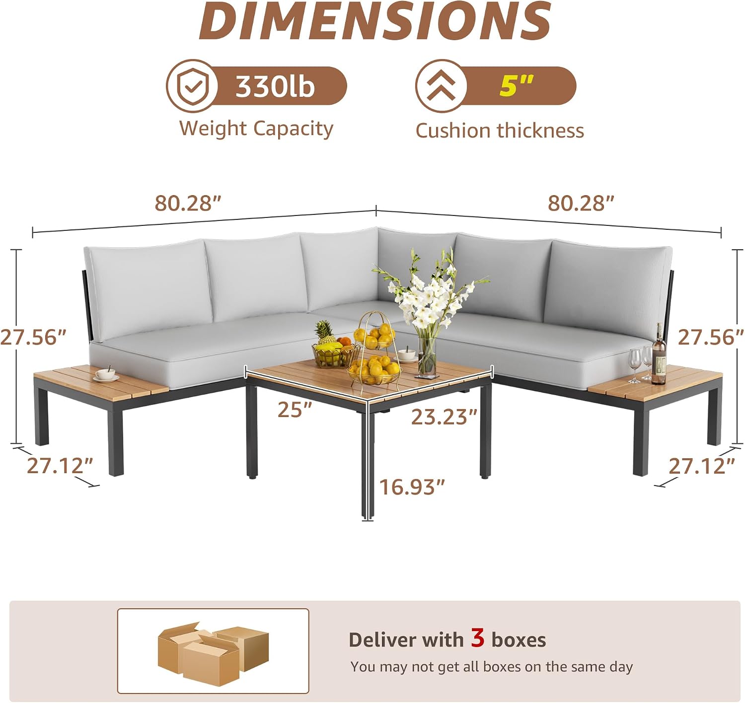 NATURAL EXPRESSIONS Patio Furniture Sets, L Shape Patio Sectional Metal Outdoor Sectional Corner Sofa Outdoor Couch with Detachable Backrest,3 Fauxwood Tables,5' Grey Olefin Cushions