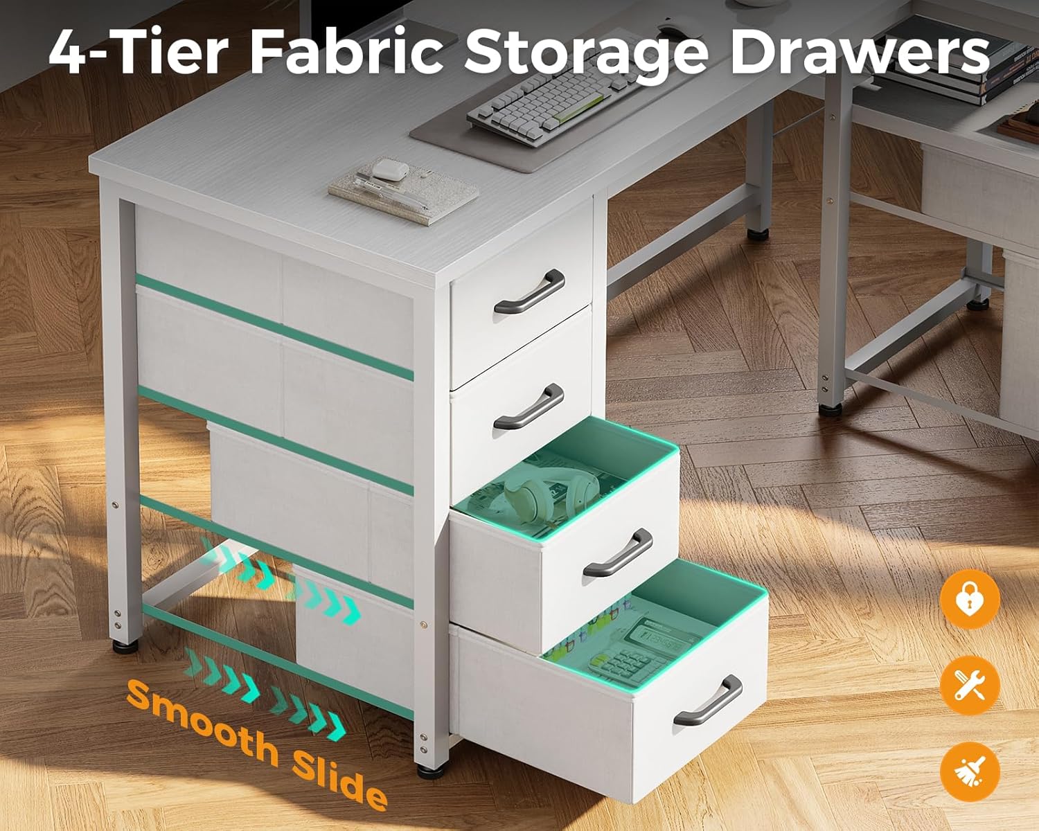 Coleshome L Shaped Computer Desk with 6 Drawers & Power Outlet, 63 Inch Office Desk with Reversible Storage Shelf & File Drawer, Home Office Desk, White