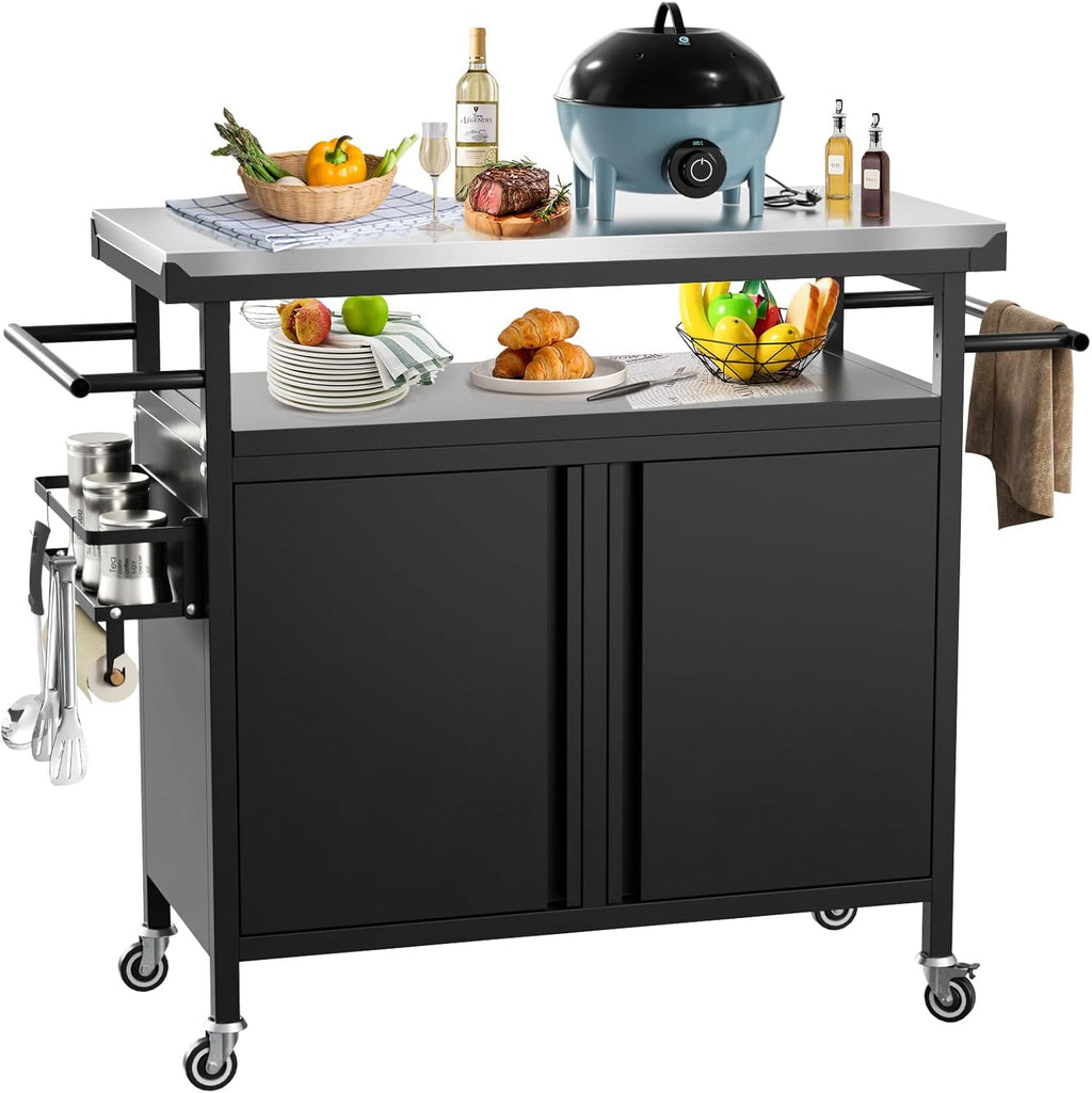Nessxa Outdoor Grill Cart Bar Cart with Storage Cabinet for Grilling Accessories, XL Portable Outdoor Grill Table with Stainless Steel Top for Kitchen Prep, Lawn & Garden（Black）