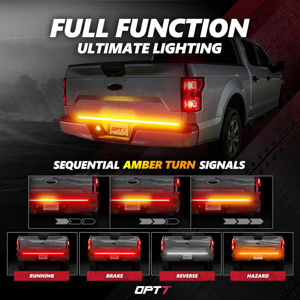 OPT7 Dynamic Taillight for F150 2018-2020 w/o Blind Spot Monitor – Redline 60' Aluminum Rigid 1-Piece Triple Row LED Truck Tailgate Light Bar w/Sequential Amber Turn + Plug'n'Play Harness