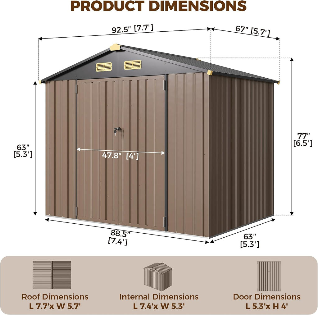 IRONCK 7.7x5.7 FT Storage Shed, Outdoor Metal Tool Shed with Breathable Vents and Lockable Doors, All-Weather Tool Storage for Patio, Outside, Poolside, Brown