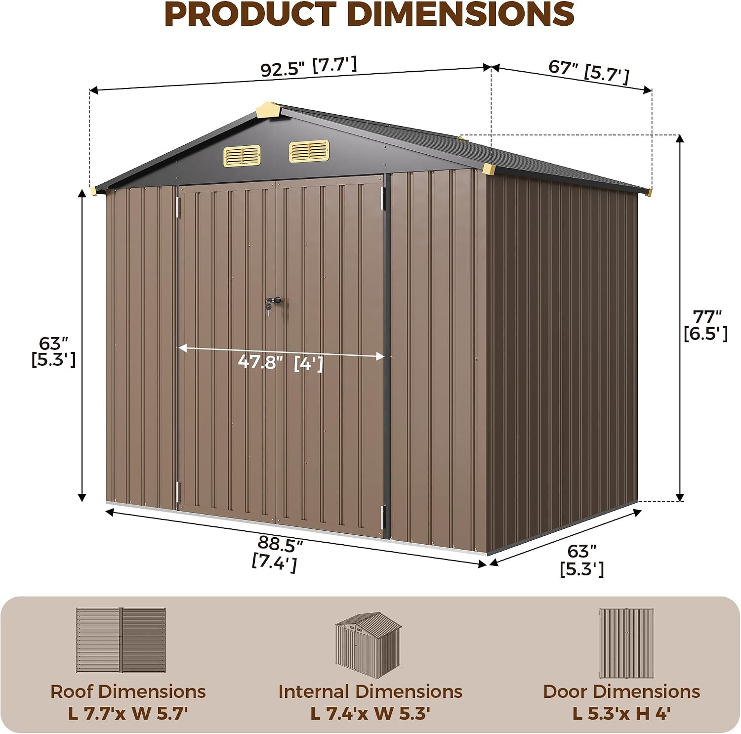 IRONCK 7.7x5.7 FT Storage Shed, Outdoor Metal Tool Shed with Breathable Vents and Lockable Doors, All-Weather Tool Storage for Patio, Outside, Poolside, Brown