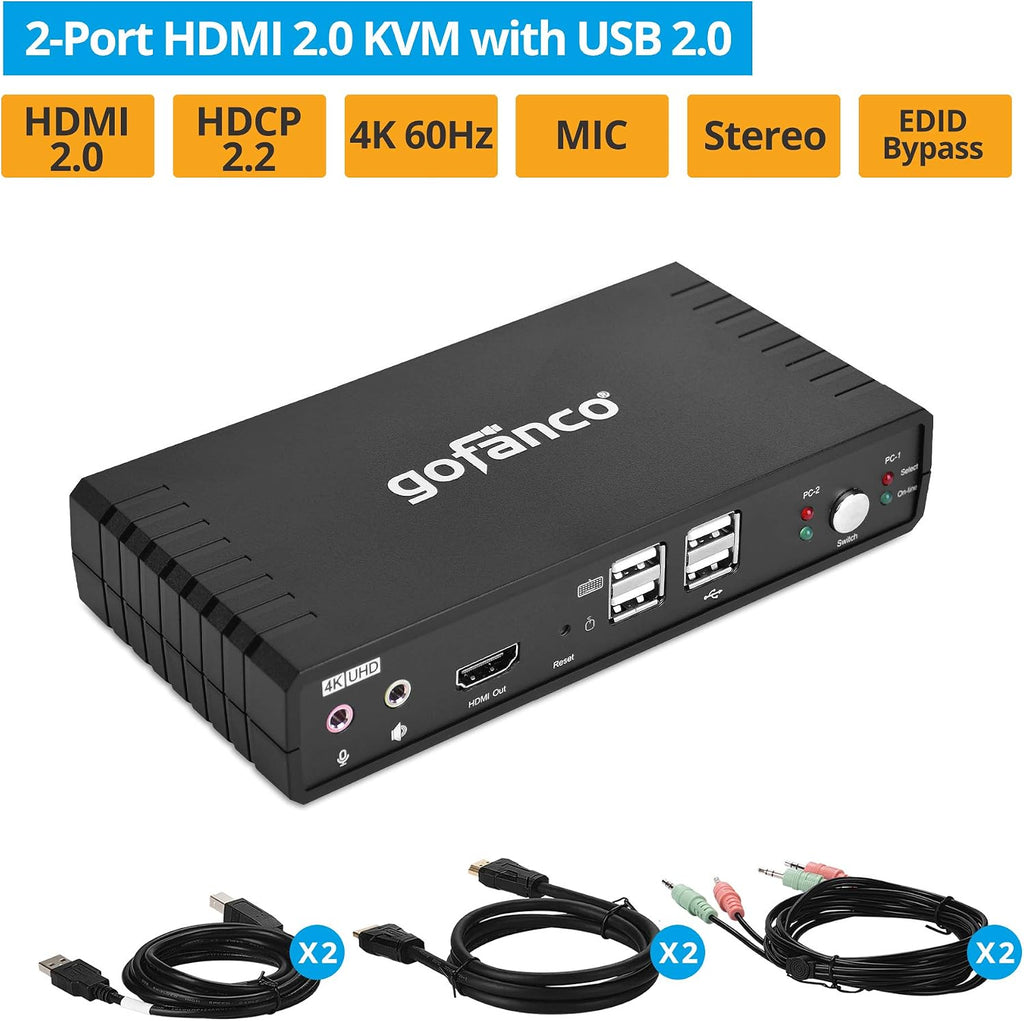 gofanco Single Monitor HDMI 2.0 KVM Switch (2 Port) – 4K 60Hz 4:4:4, 18Gbps, HDCP 2.2, Keyboard & Mouse Switcher with USB 2.0 Hub and Audio, Mic in/Stereo Out, Hotkey Switching, Cables Included