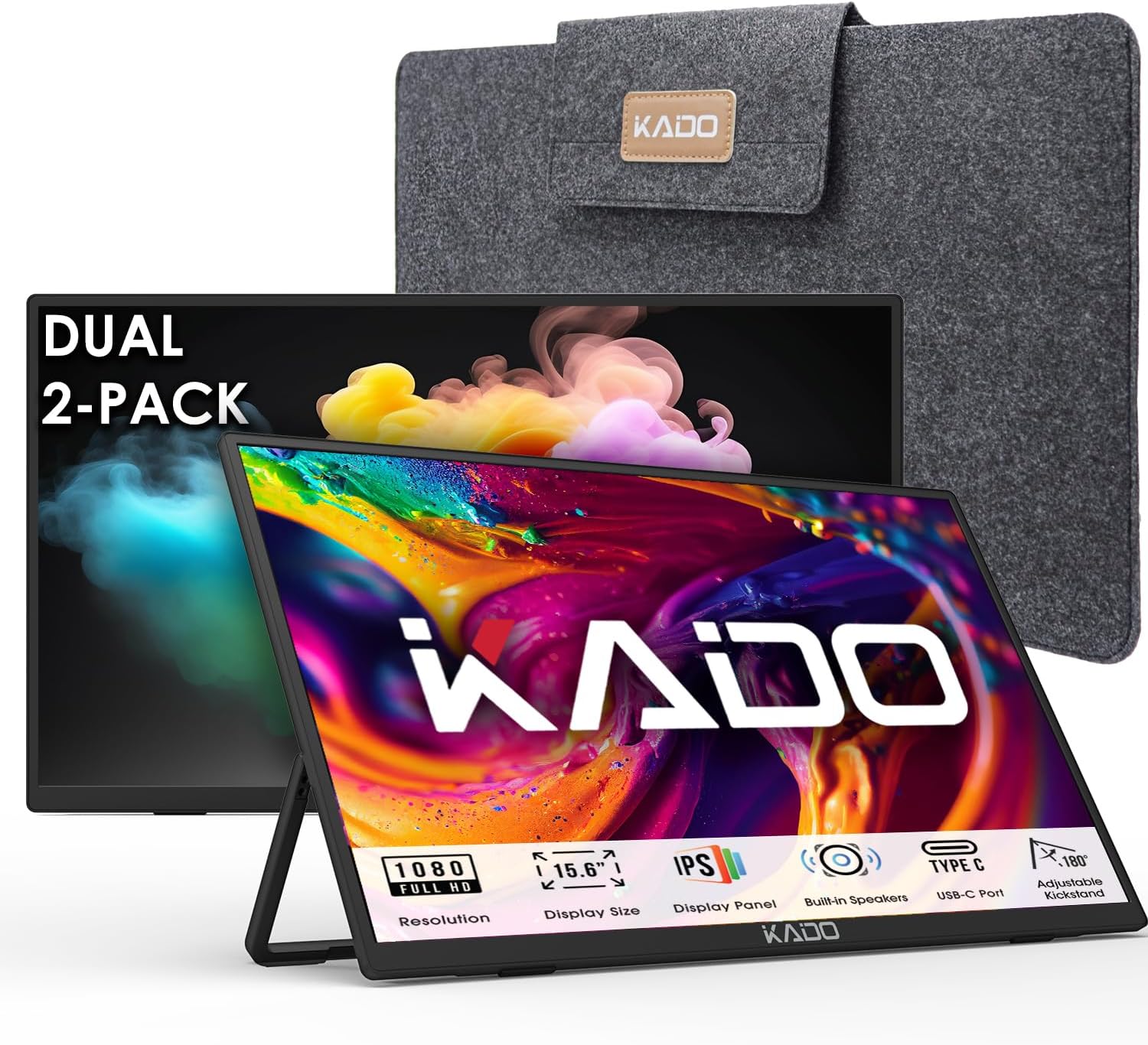 Kado Dual Portable Monitor Setup - 2-Pack 15.6'' FHD 1080p, Ultra-Slim Laptop Monitor 1920x1080 with Built-in Speakers, IPS Display 180° Kickstand Stacked Desktop Setup Office Gaming Daytrading