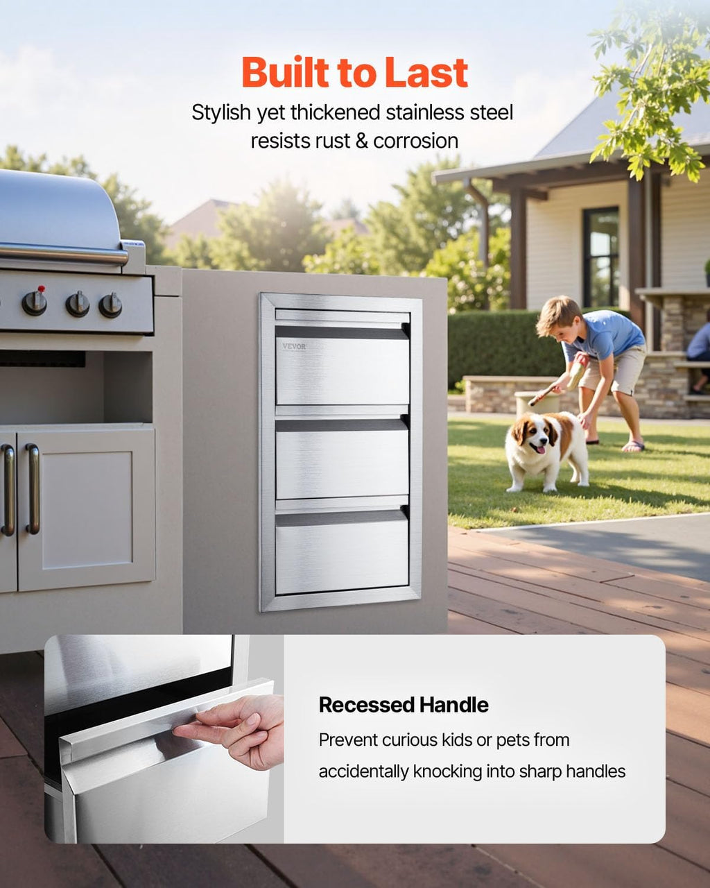 VEVOR Outdoor Kitchen Drawers 14.7' W x 25.4' H x 18.7' D, Box Frame Style Flush Mount BBQ Drawers with Stainless Steel Handle, BBQ Island Drawers for Outdoor Kitchens or Patio Grill Station