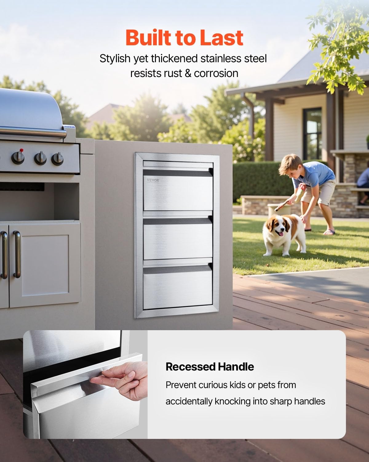 VEVOR Outdoor Kitchen Drawers 14.7' W x 25.4' H x 18.7' D, Box Frame Style Flush Mount BBQ Drawers with Stainless Steel Handle, BBQ Island Drawers for Outdoor Kitchens or Patio Grill Station