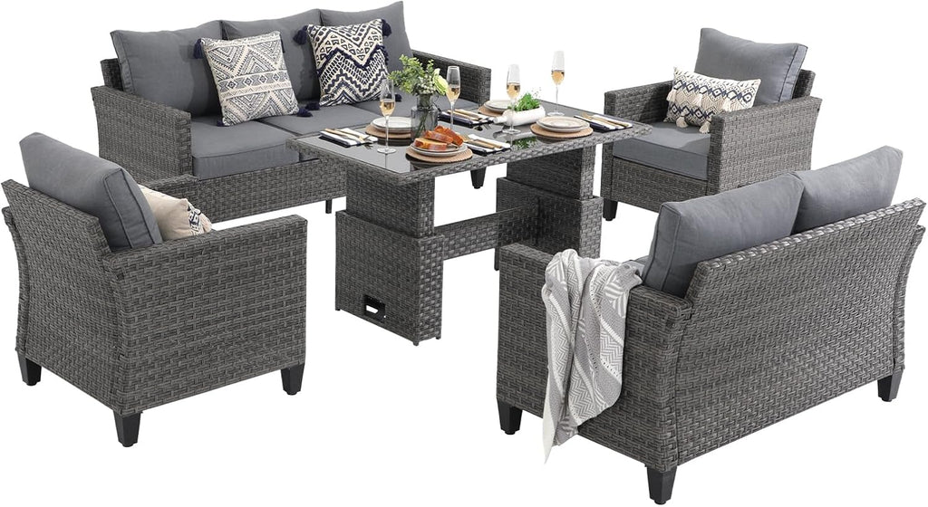 SUNSITT Outdoor Patio Furniture Set 5 Piece Wicker Conversation Set with Lift Coffee Table Sectional Dining Set 3 Seat Sofa Couch with Loveseat, Grey Wicker & Grey Cushion