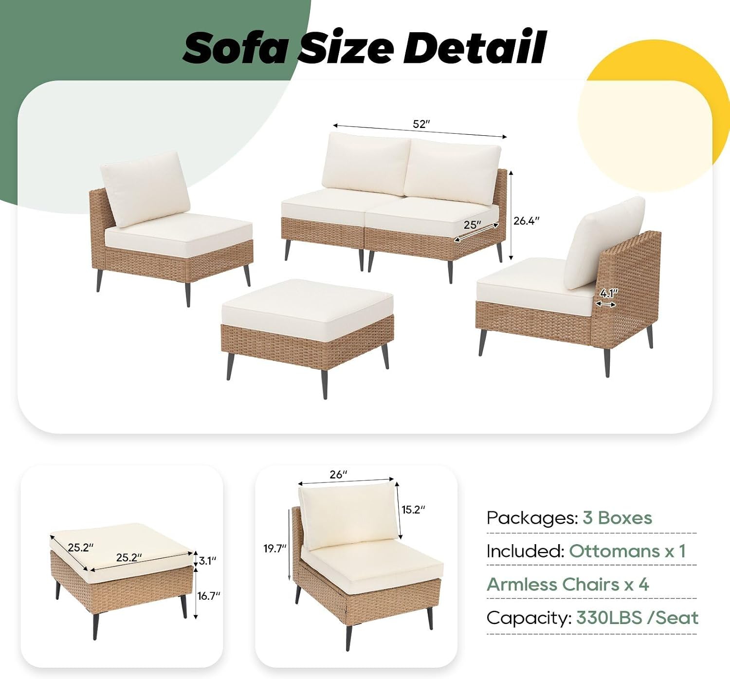 LVUYOYO 5 Pieces Outdoor Patio Furniture Set, Wicker Sectional Sofa Couch, Rattan Conversation Sets with Cushions for Deck, Backyard, Porch (Khaki)