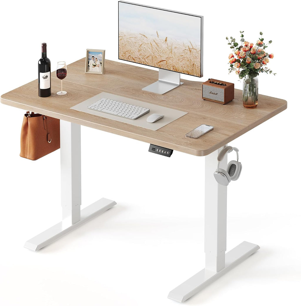 FEZIBO 40 x 24 Inchs Electric Standing Desk, Height Adjustable, Sit Stand Up, Computer Office Desk with Splice Board, White Frame/Maple Top
