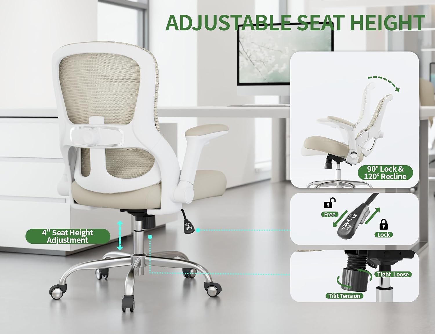 Ergonomic Office Chair - Home Office Desk Chairs Comfy, Computer Chair Ergonomic, Office Chairs with Lumbar Support, Executive Task Chair for Adults, Comfortable for Long Hours (White Beige)