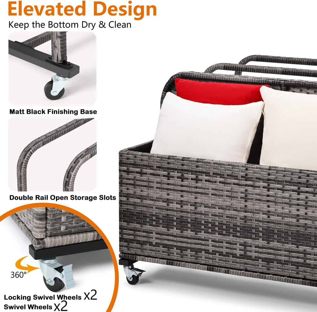 Poolside Float Storage Organizer, Pool Toy Storage Holder with Wicker Basket Outdoor Pool Float Holder Storage Rack Rolling Pool Caddy Cart Raft Holder Storage Rack for Pool Noodles Equipment Grey