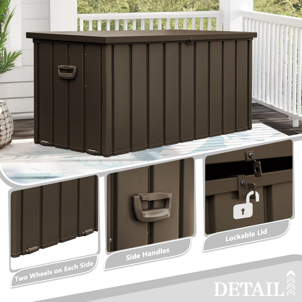 Domi 120 Gallon Deck Box, Metal Outdoor Storage Box with Lock Wheels, Waterproof Outside Storage Box for Patio Cushions
