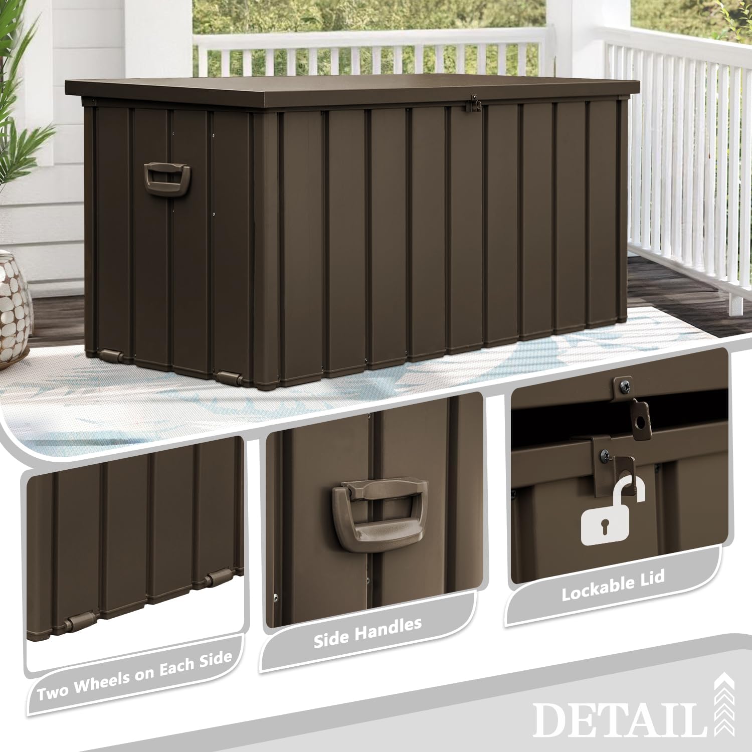 Domi 120 Gallon Deck Box, Metal Outdoor Storage Box with Lock Wheels, Waterproof Outside Storage Box for Patio Cushions