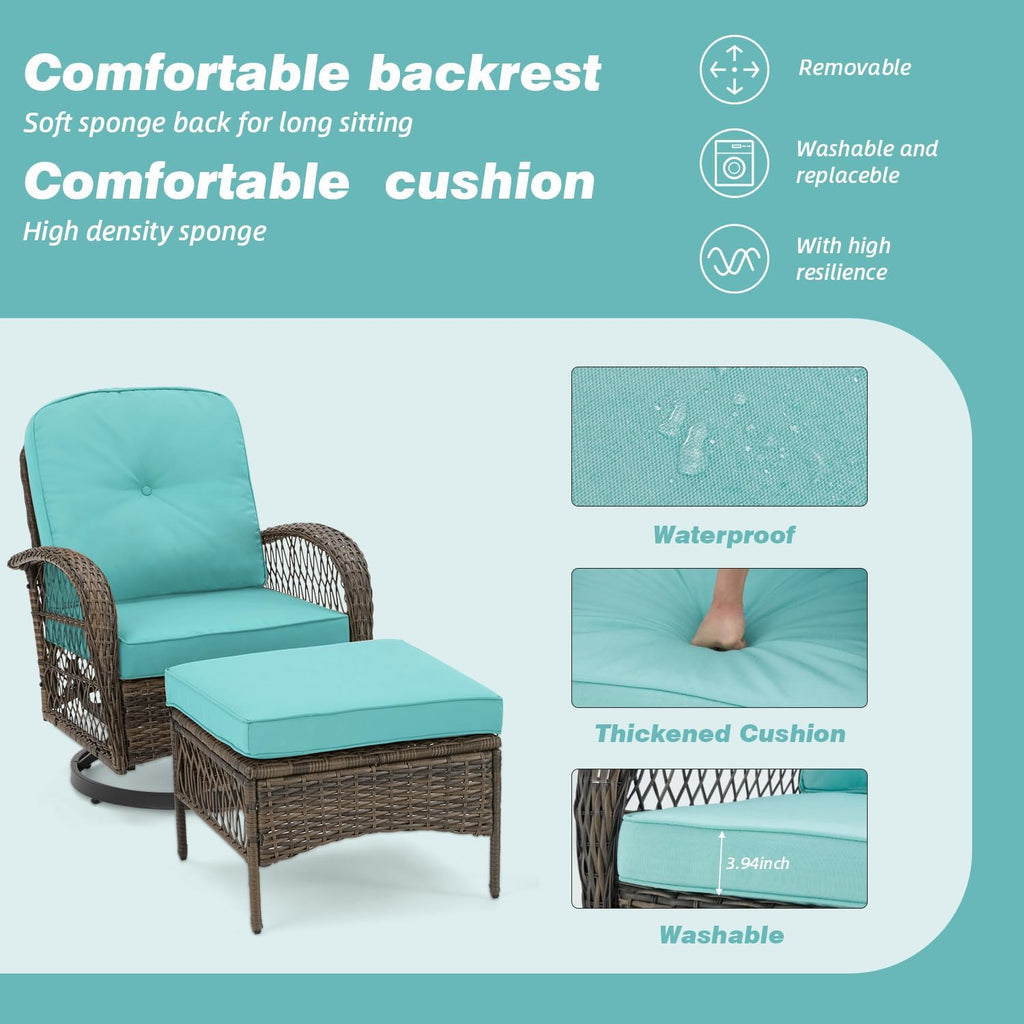 MELLCOM 5 Pieces Patio Furniture Set, Outdoor Swivel Rocker Patio Chairs with Ottomans, Wicker Conversation Set with Rocking Chairs, Glass Coffee Table for Backyard, Peacock Blue