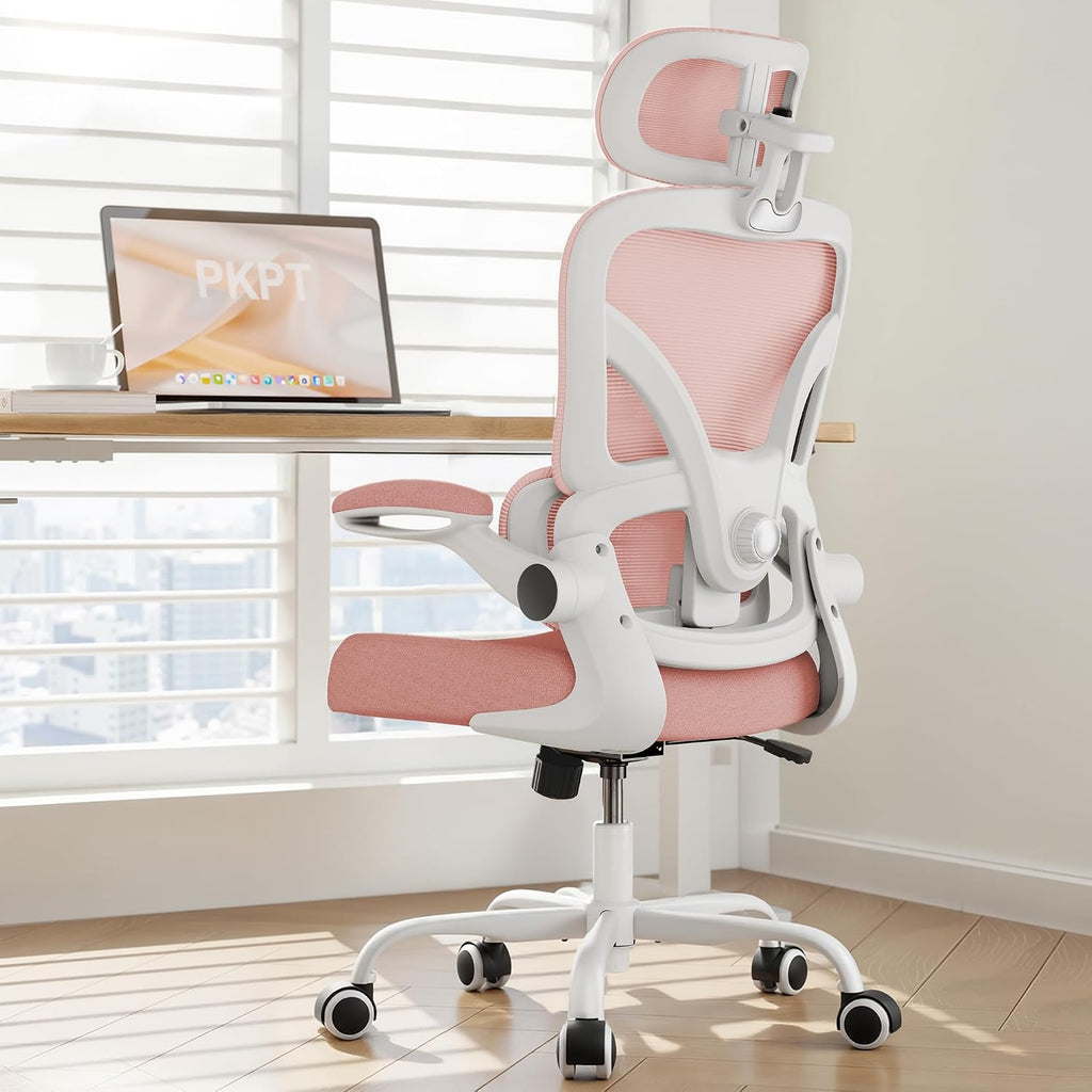 Ergonomic Office Chair, 330LBS Desk Chair with 3-Level Lumbar Support & Headrest, Breathable Mesh Backrest, Flip-Up Armrests for Home Office and Gaming, Pink
