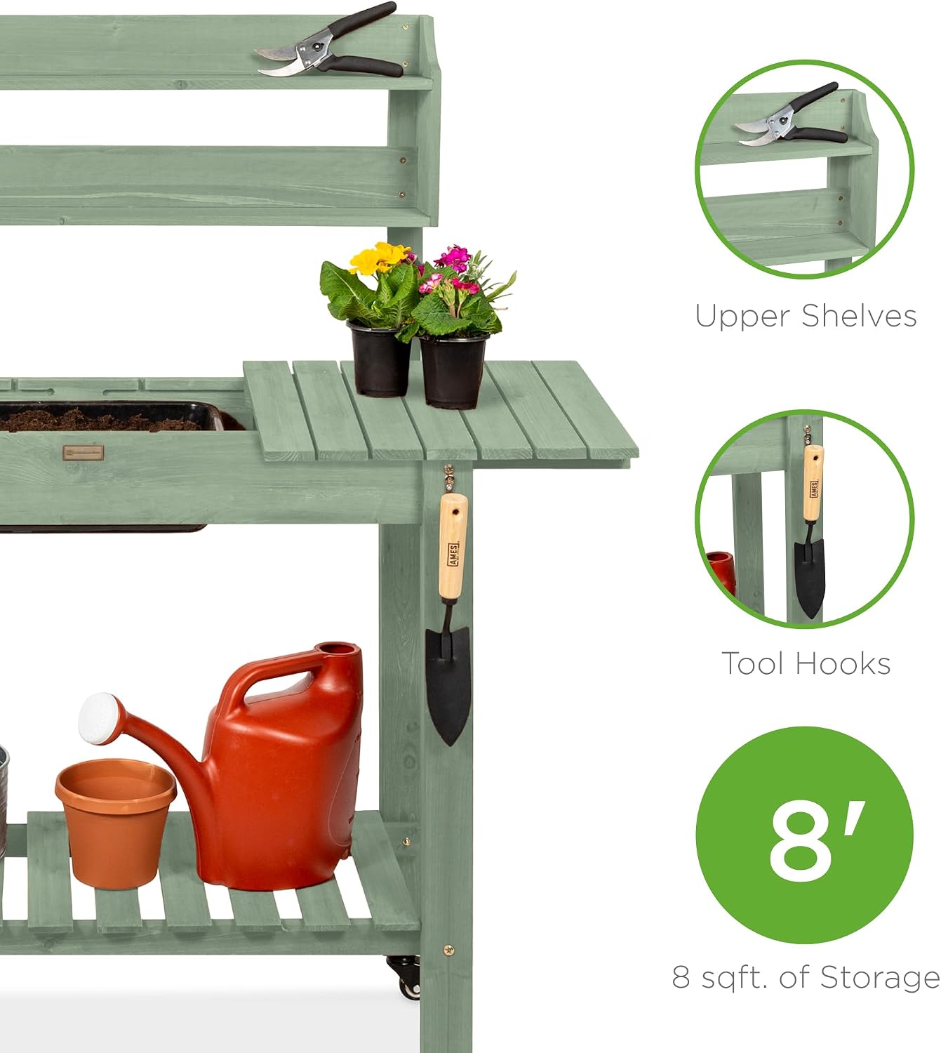 Best Choice Products Mobile Garden Potting Bench, Outdoor Wood Workstation Table w/Sliding Tabletop, 4 Locking Wheels, Food Grade Dry Sink, Storage Shelves - Sage Green