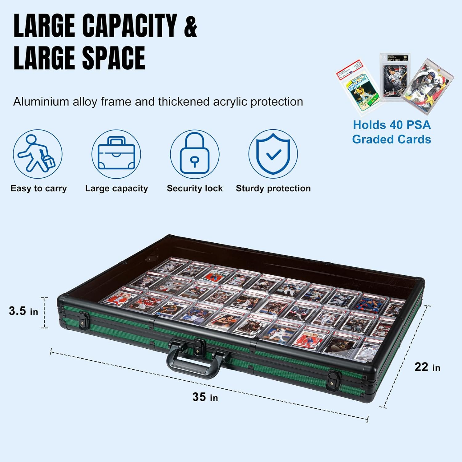 Large Green Cards Trade Show Display Case, Portable Aluminum Trading and Graded Card Display Frame with Locks, Table Top Aluminum Holder with Clear Acrylic Showcase for Jewelry Craft Collector Shows