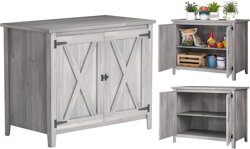 Outsunny Wood Garden Shed, Compact Outdoor Storage Cabinet Potting Shed with Inner Shelf and Double Doors for Backyard, Patio, Lawn, Light Gray