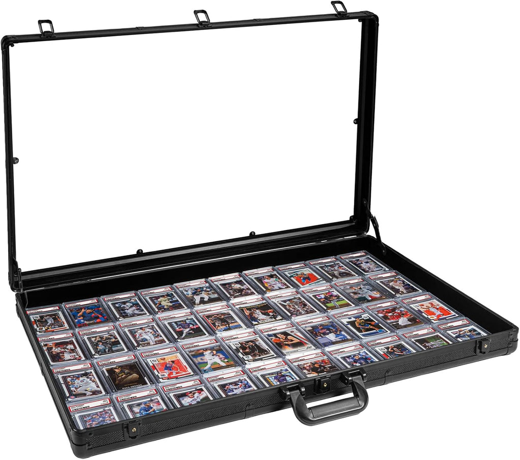 Large Black Cards Trade Show Display Case, Portable Aluminum Trading and Graded Card Display Frame with Locks, Table Top Aluminum Holder with Clear Acrylic Showcase for Jewelry Craft Collector Shows