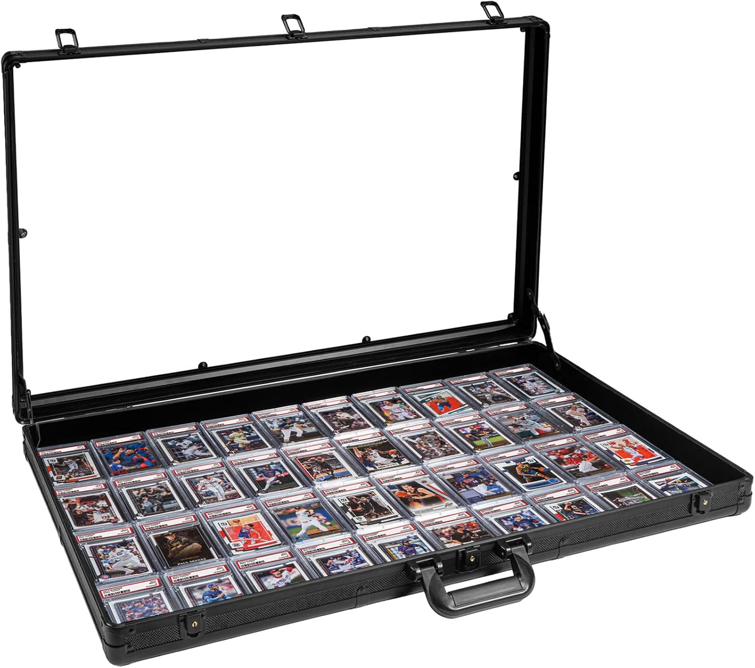 Large Black Cards Trade Show Display Case, Portable Aluminum Trading and Graded Card Display Frame with Locks, Table Top Aluminum Holder with Clear Acrylic Showcase for Jewelry Craft Collector Shows