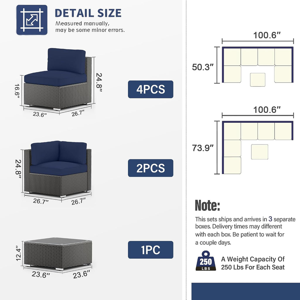 SUNCROWN 7-Piece Outdoor Patio Furniture Sofa Set All-Weather Black Wicker Sectional Cushioned Washable Seat Conversation Set with Modern Glass Coffee Table and Cushions, Backyard, Garden, Dark Blue