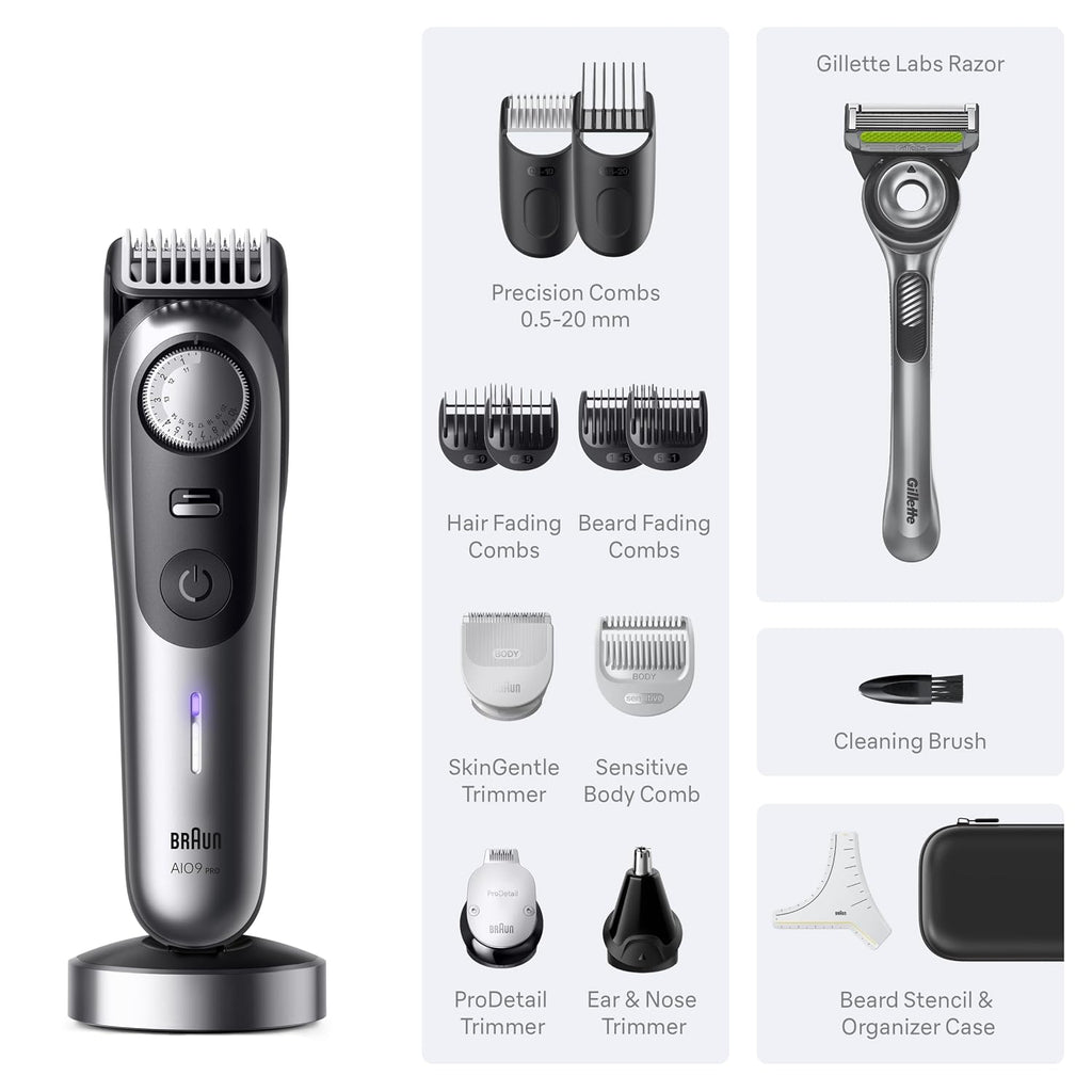 Braun Series 9 PRO All-in-One Beard & Body Grooming Kit for Men, Cordless Trimmer, Hair Clippers & Shaver for Face, Hair & Body with Gillette Labs Razor, AIO 9570
