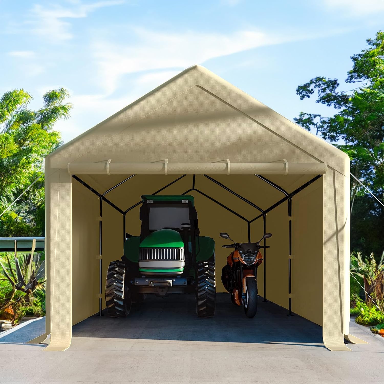 Carport 10x20 Ft Heavy Duty Canopy Steel Canopy Storage Shed,Portable Garage Party Tent,Portable Garage with Removable Sidewalls & Doors All-Season Tarp for Carport (Beige)