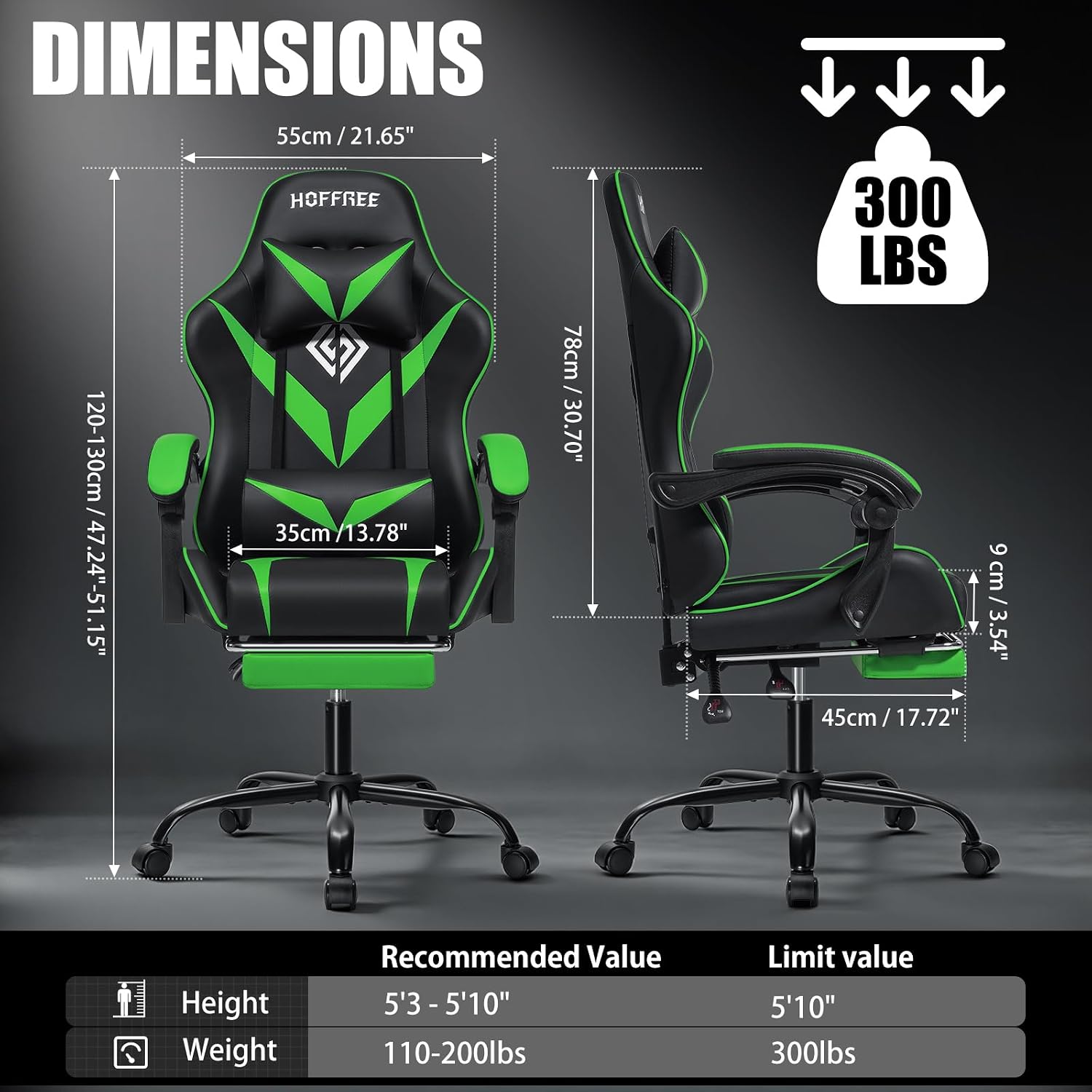 Gaming Chair with Massage Ergonomic Computer Chair with Footrest and Lumbar Support Reclining PC Game Chair for Boys with Adjustable Armrest and Headrest Green