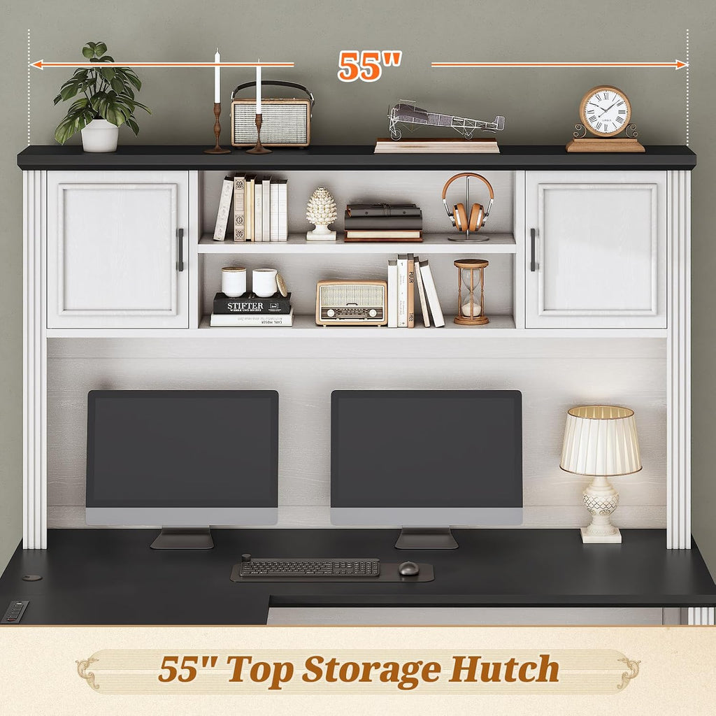 SEDETA Farmhouse L Shaped Desk with Hutch and 3 Drawers, 68.9' Executive Office Desk with File Drawer and Power Outlet, Corner Computer Desk with Storage Shelves for Home Office, White
