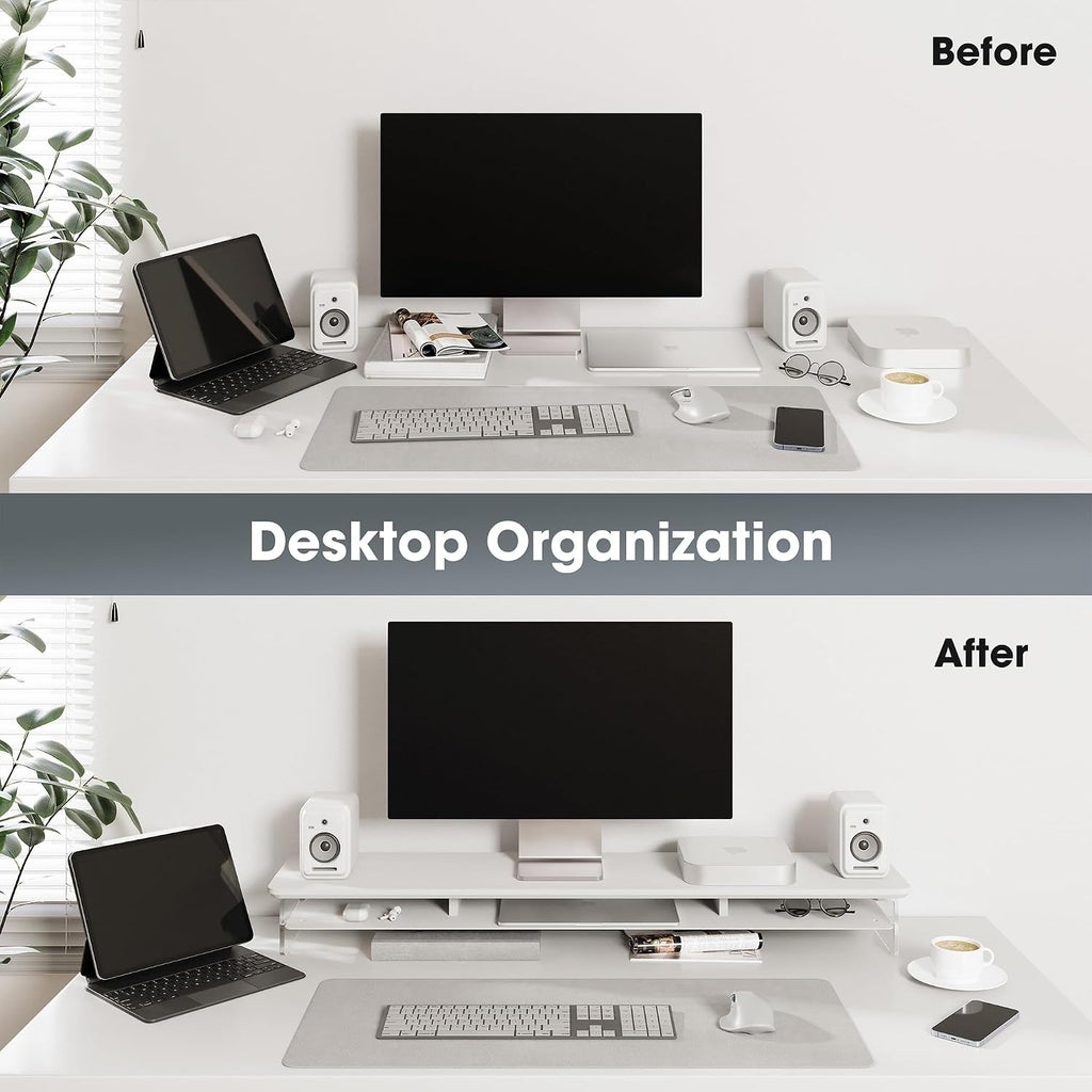 Fenge Acrylic Monitor Stand, 42.5 Inch Clear Dual Monitor Riser with Metal Storage, 2 Tier Computer Riser with LED Lights for Desk, Laptop, Printer, TV