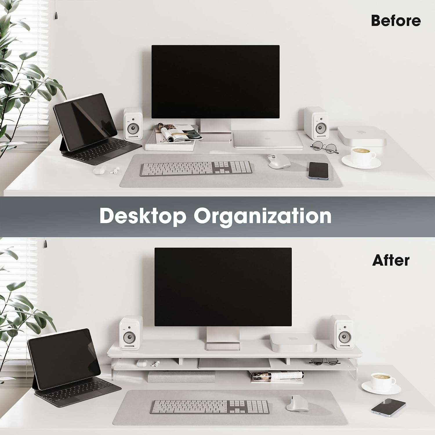 Fenge Acrylic Monitor Stand, 42.5 Inch Clear Dual Monitor Riser with Metal Storage, 2 Tier Computer Riser with LED Lights for Desk, Laptop, Printer, TV
