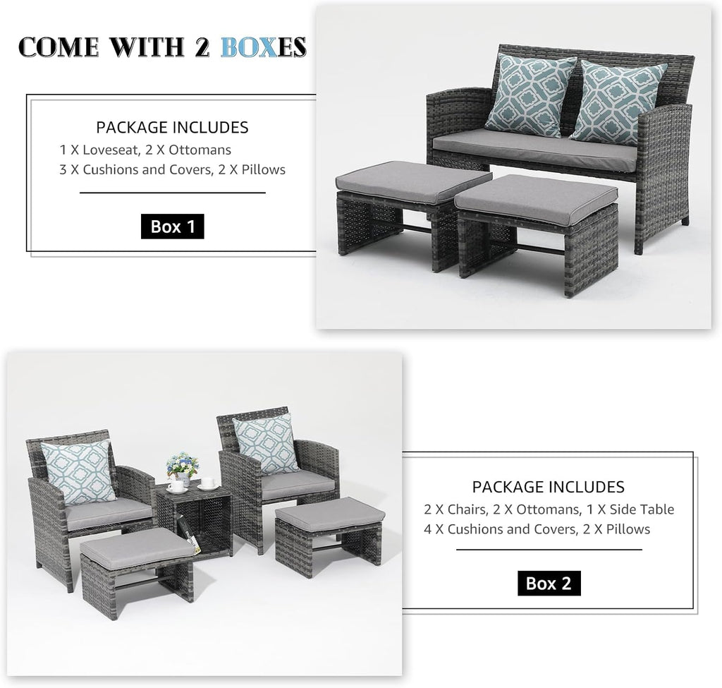 OC Orange-Casual Patio Furniture Sets,8 Pieces Conversation Set, Outdoor Wicker Bistro Set, All Weather Sectional Loveseat Chairs with Ottoman & Coffee Table, Grey Rattan with Light Grey Cushion