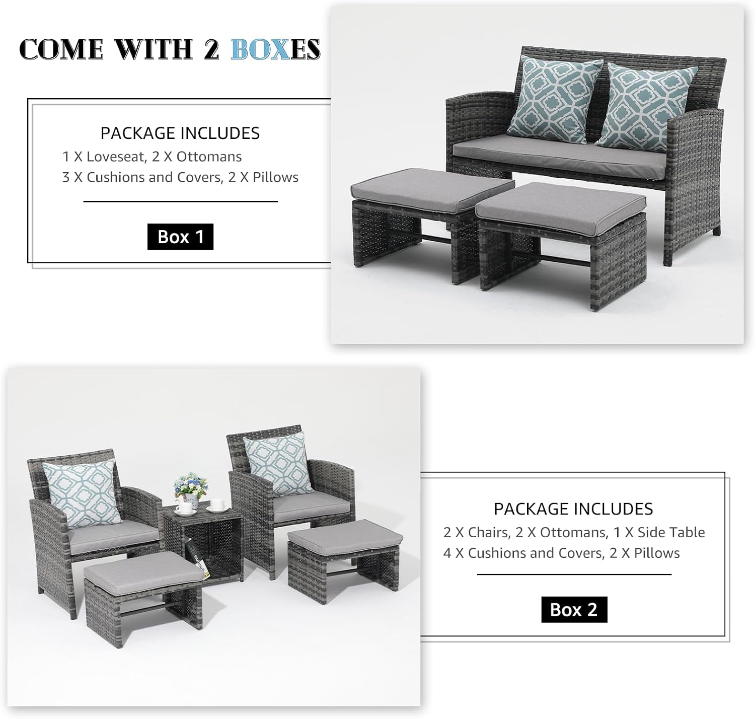 OC Orange-Casual Patio Furniture Sets,8 Pieces Conversation Set, Outdoor Wicker Bistro Set, All Weather Sectional Loveseat Chairs with Ottoman & Coffee Table, Grey Rattan with Light Grey Cushion