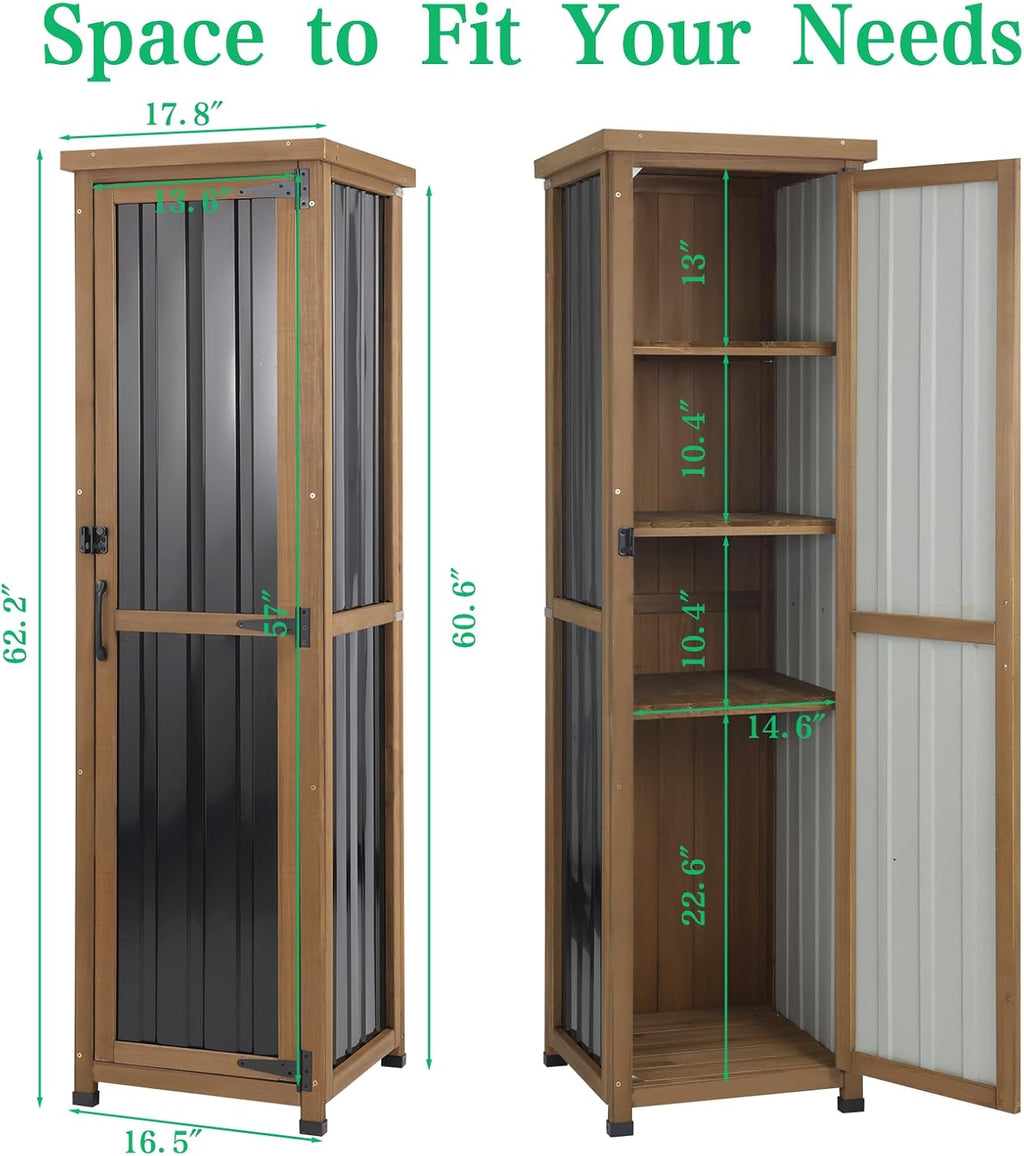 Tall Outdoor Storage Cabinet, Weatherproof Wooden Garden Potting Bench with Metal Top & Adjustable Shelves, Outdoor Patio Cabinets Work Station for Balcony, Pool, Garage