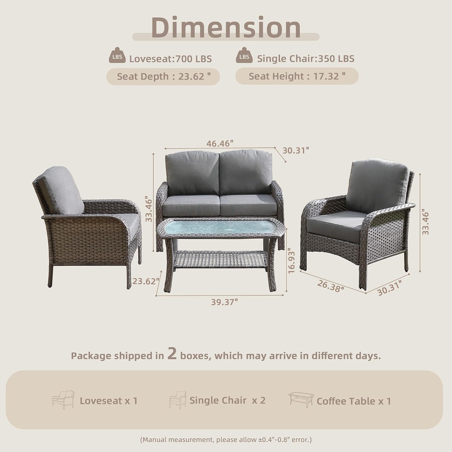 CAODOC 4-Piece Wicker Patio Furniture Set, All-Weather Rattan Conversation Bistro Loveseat Chair and Table Set for Backyard, Balcony and Deck with Soft Cushions and Metal Table(Dark Gray)