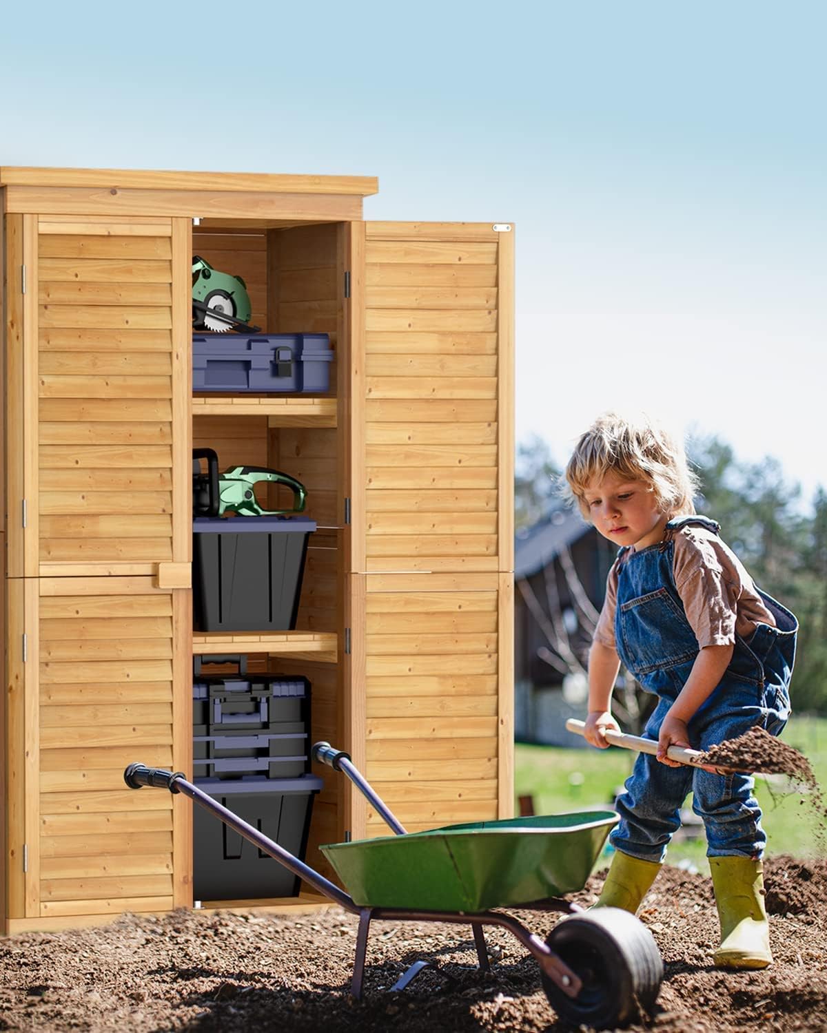 Bealife 63.2' Outdoor Storage Cabinet with Double Doors, Lockable Vertical Storage Shed with 3 Shelves Organizer, Waterproof Fir Wood Tool Closet Shed for Garden, Backyard, Patio, and Lawn -Natural