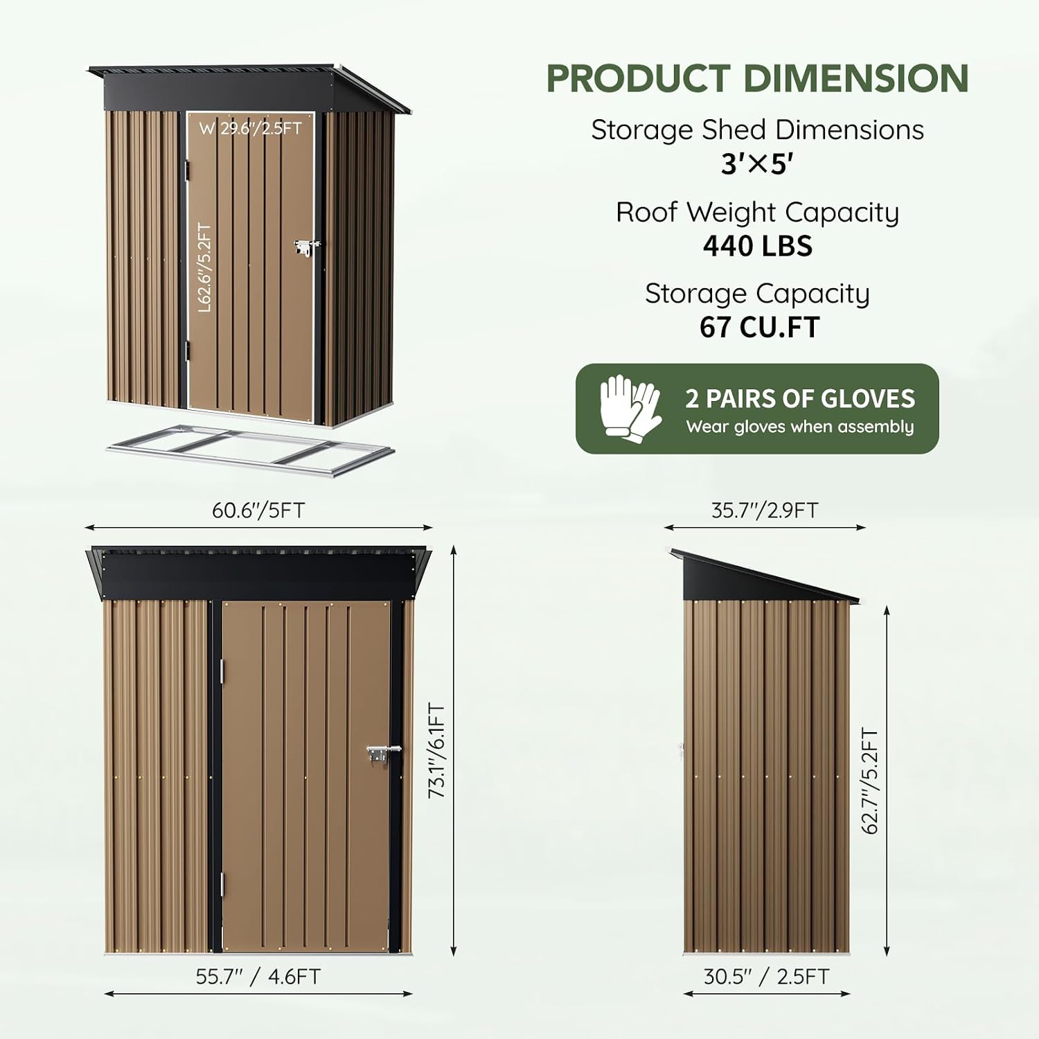 3x5 FT Outdoor Metal Storage Shed with Floor Frame, Single Door, 1 Clear Window, Tool Shed for Garden, Patio, Backyard Brown
