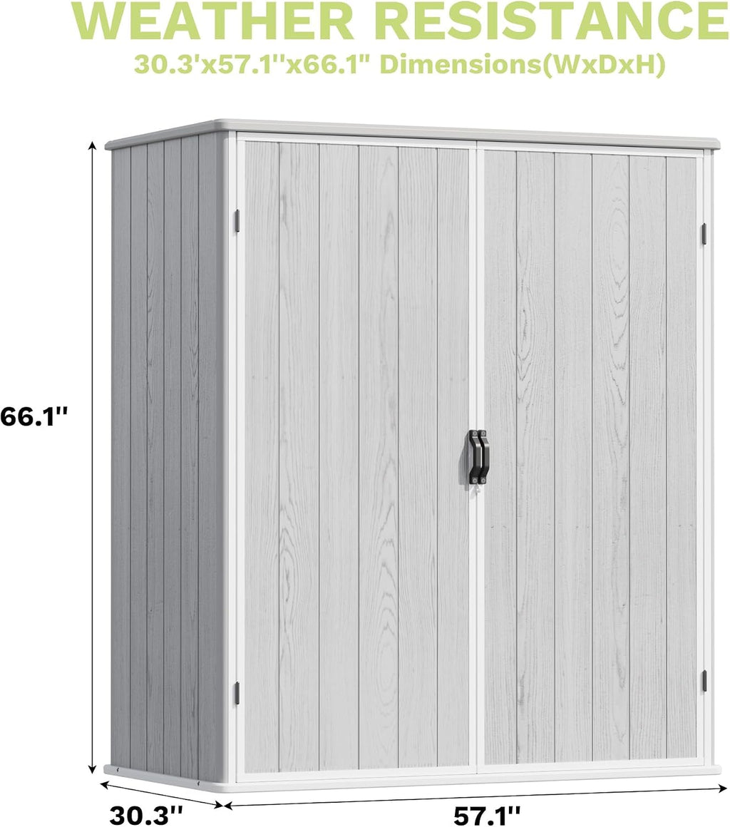 Devoko 5x3 FT Resin Storage Shed with Floor, Plastic Outdoor Storage Cabinet with Lockable Door, Waterproof Vertical Tool Small Shed for Patio Garden Backyard, Light Gray