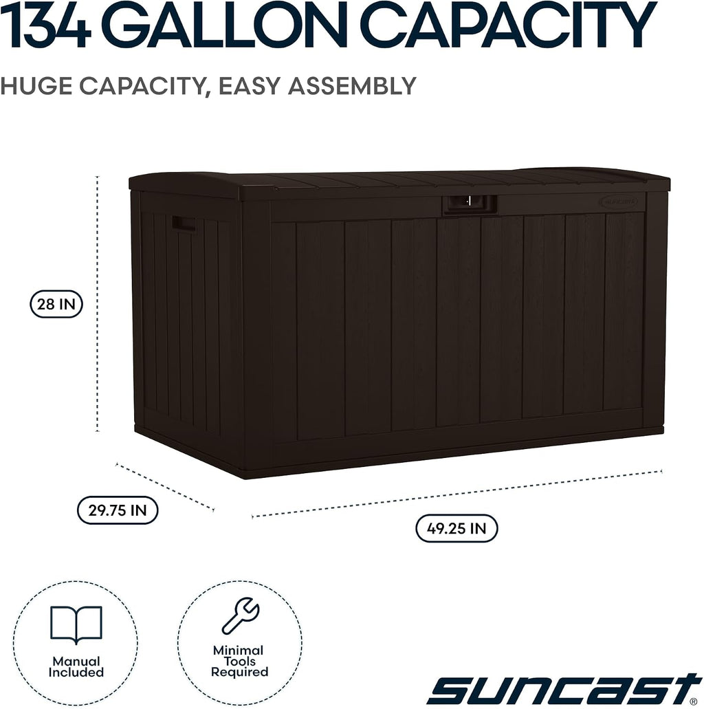 Suncast 134-Gal. Resin Extra-Large Outdoor Patio Deck Box with Pad-Lockable Lid, Modern Outdoor Patio Bench/Storage Box for Cushions, Garden Tools, and More, Java